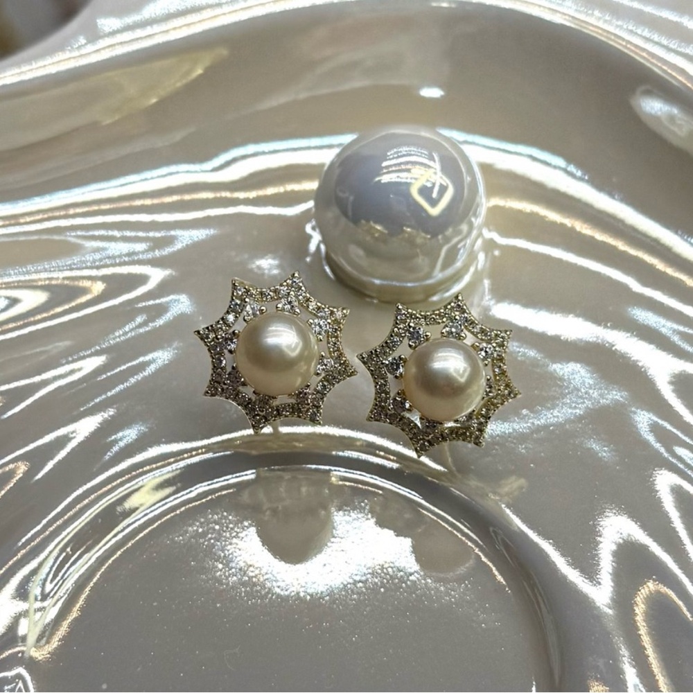 Premium 7mm Akoya Sea Pearl Earrings • Art Deco Web Design • 18K Gold over S925 - Picture 6 of 11